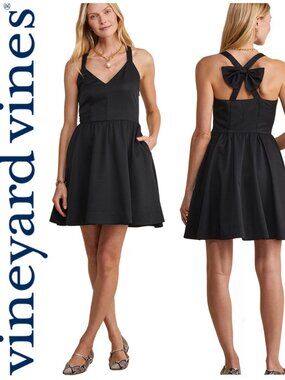 Vineyard Vines Black Bow Back Fit & Flare Silk Dress Wedding Guest Party 14 NWT